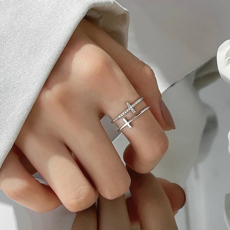 Gold Silver Double Layer Cross Open Adjustable Finger Rings - LaVie Jewelery