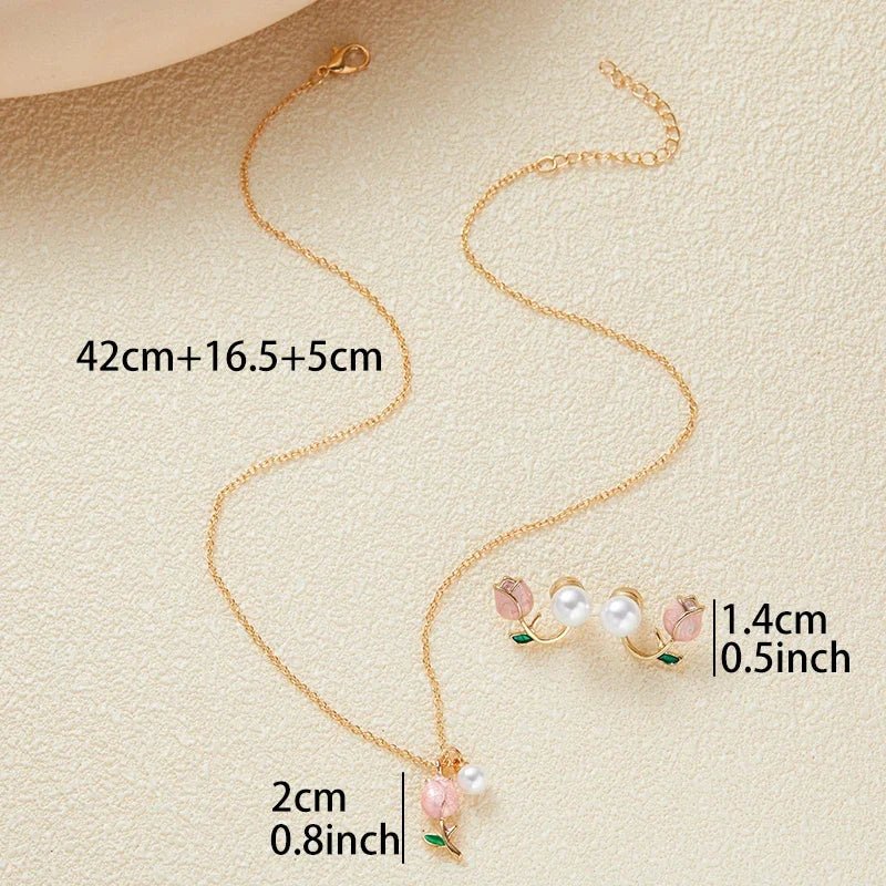 Pink Tulip Necklace Earrings Jewelery Set - LaVie Jewelery