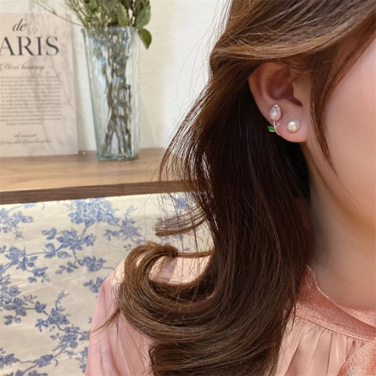 French Tulip Flower Pearl Stud Earrings Pearl Earrings - LaVie Jewelery