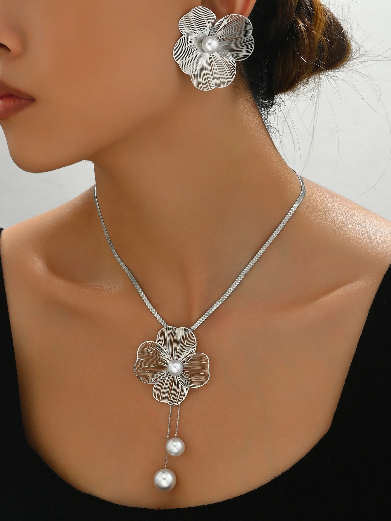 Gold Color Hallowout Stamping Big Flower Pearl Necklace Earrings Set - LaVie Jewelery