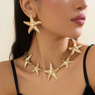 Vintage Large Metal Starfish Choker Necklace Drop Earrings Jewelry Set - LaVie Jewelery