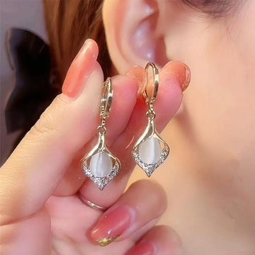 Korean Gold Color Plated Rhinestones Tulip Petal Angel Eye Hoop Earrings - LaVie Jewelery