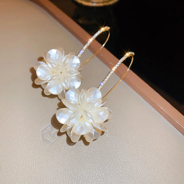 Korean Exquisite Rhinestone Long White Flower Pearl Drop Earrings - LaVie Jewelery