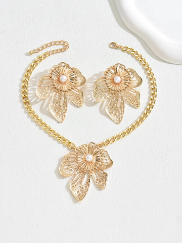 Gold Color Hallowout Stamping Big Flower Pearl Necklace Earrings Set - LaVie Jewelery