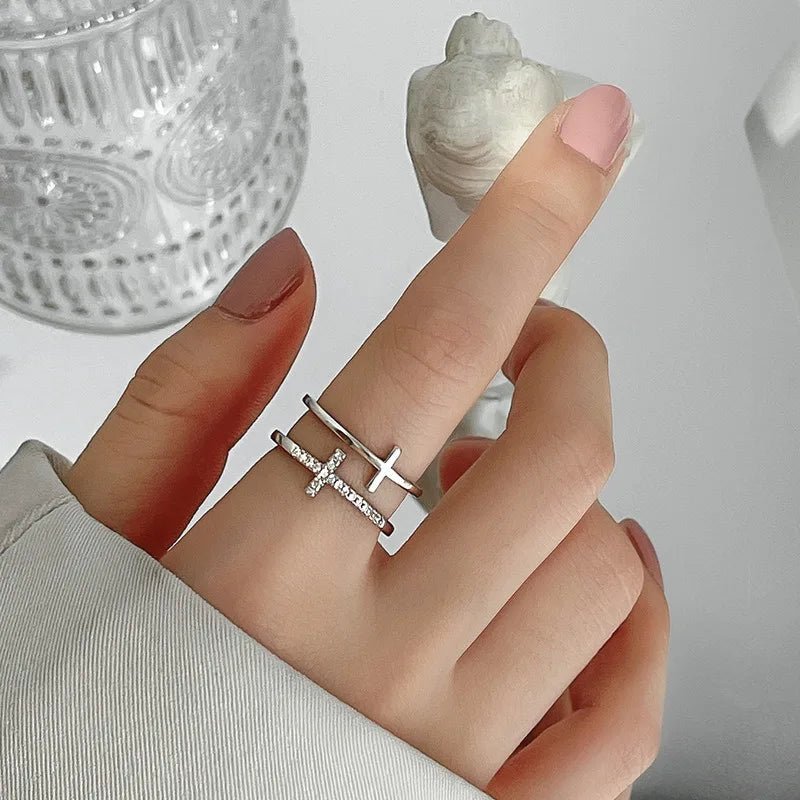 Gold Silver Double Layer Cross Open Adjustable Finger Rings - LaVie Jewelery