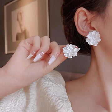 Korean Exquisite Rhinestone Long White Flower Pearl Drop Earrings - LaVie Jewelery